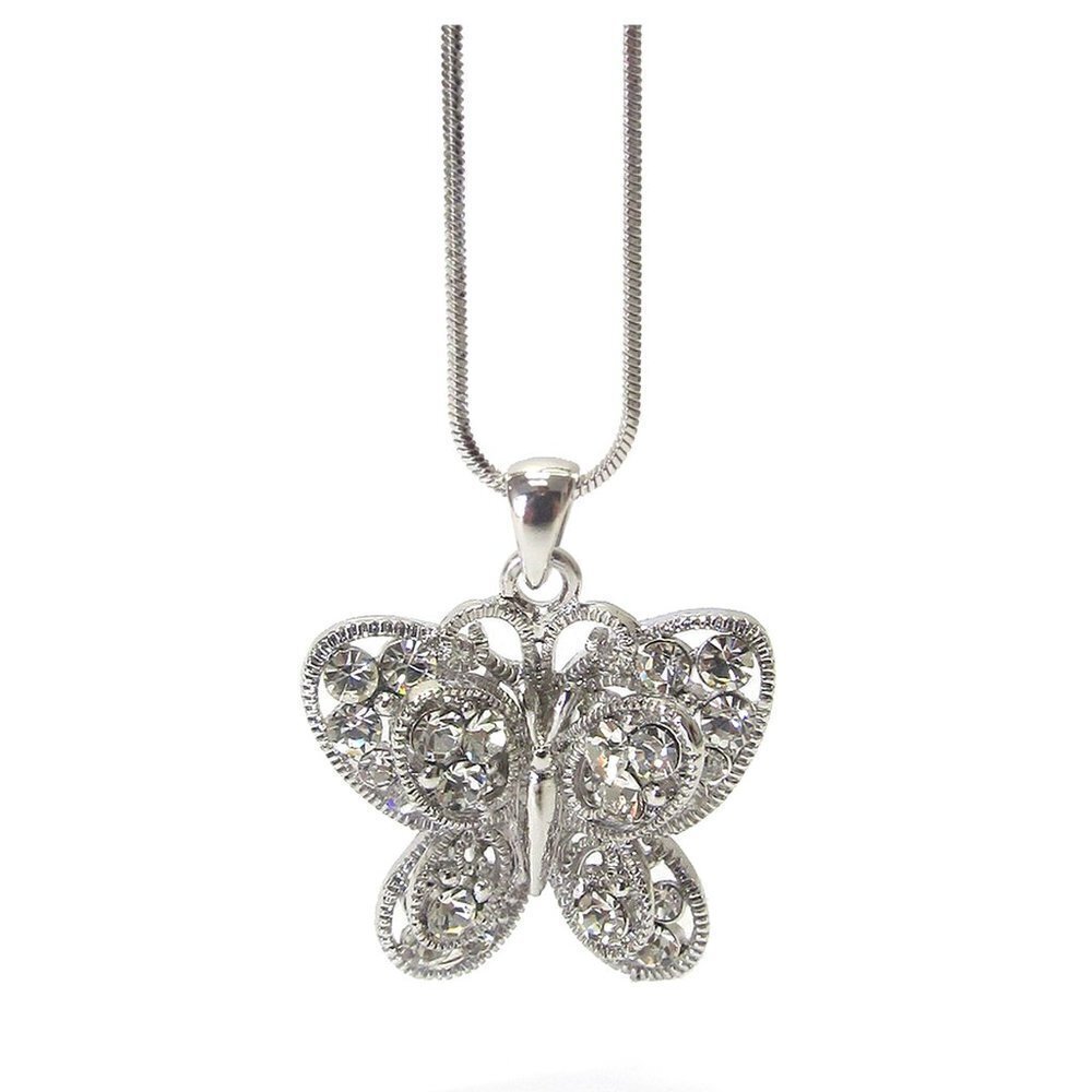 17" Snake Chain Silver Intricate Ornate Butterfly Clear Crystal Pendant Necklace